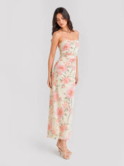 Strapless Floral Mesh Ruched Maxi Dress