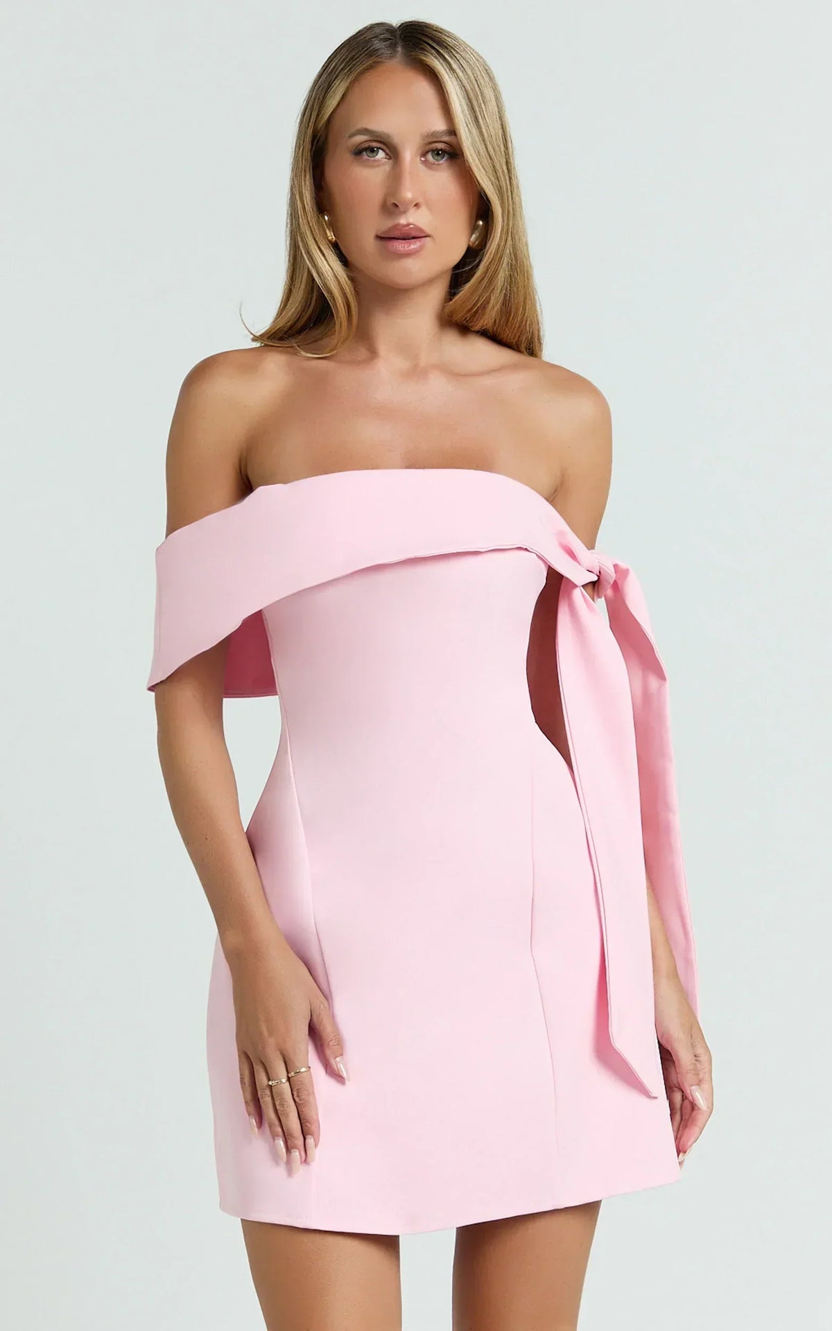 Cecilia Mini Dress - Off Shoulder Tie Detail Dress in Pink