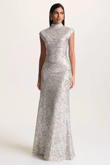 Cecy | Silver Sequin High-Neck Maxi Dress With Cap Sleeves