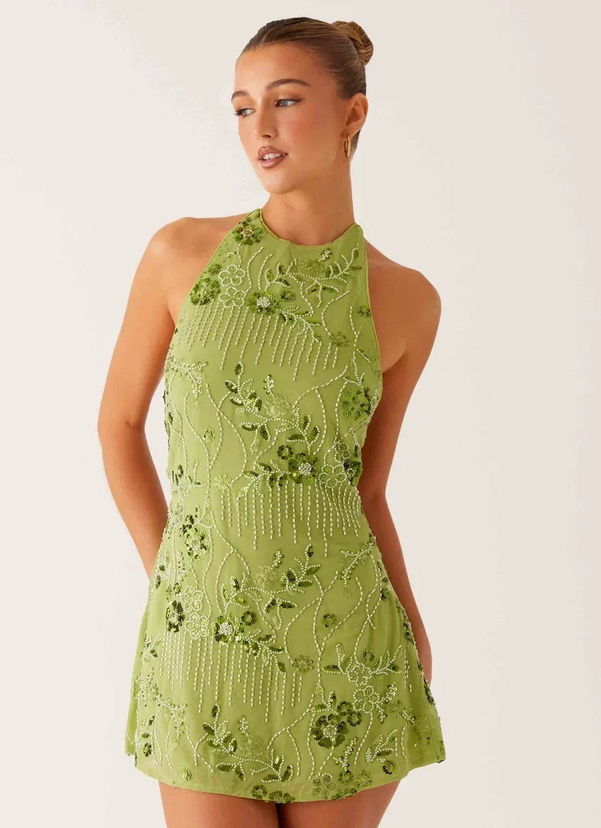 Leo Beaded Mini Dress - Green