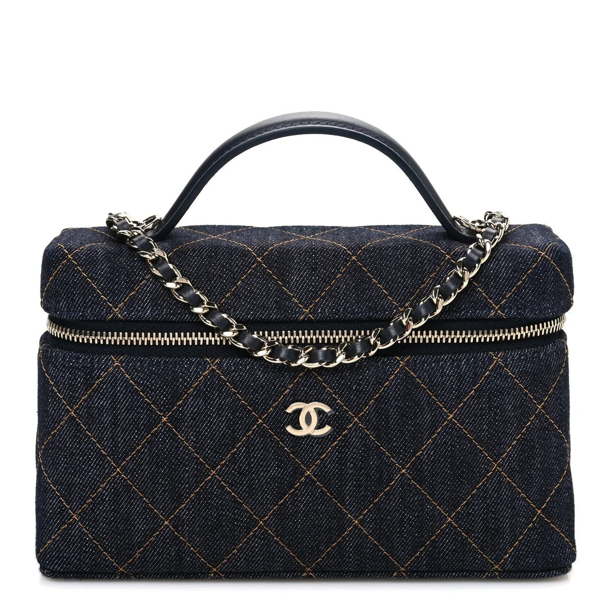 Denim Quilted Top Handle Slim Vanity Case With Chain Dark Blue Orange