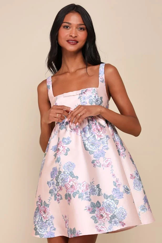 Unbelievably Lovely Pink Floral Babydoll Empire Waist Mini Dress