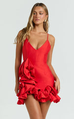 Nellie Mini Dress - V Neck Ruffle Hem Bodycon Dress in Red