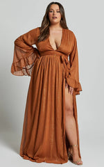 Dangerous Woman Maxi Dress - Plunge Thigh Split Dress in Rust