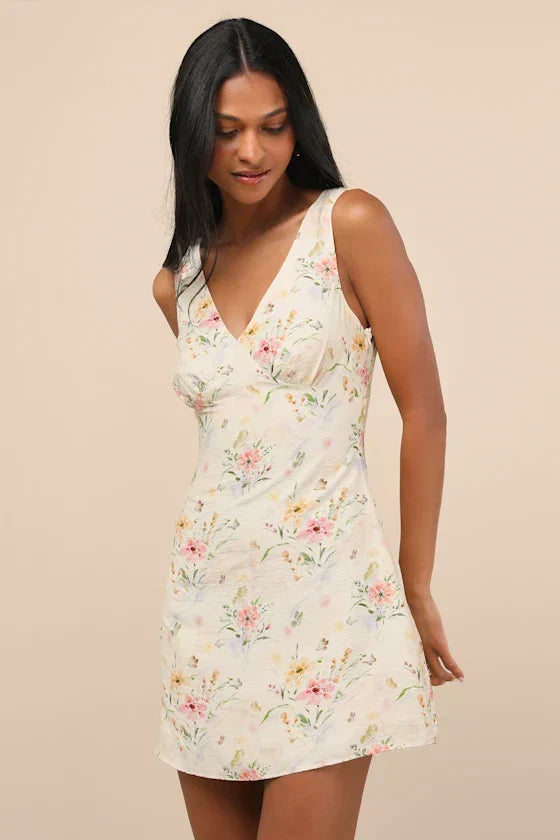 Jaziel Ivory Floral Sleeveless Mini Dress