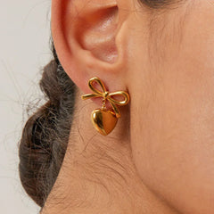 Women's Stainless Steel Bow and Heart Stud Earrings | Waterproof Two-Tone Studs