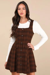 Autumn Approach Brown Plaid Sleeveless Button-Up Mini Dress