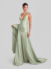 Satin Deep V-Neck Open Back Maxi Gown