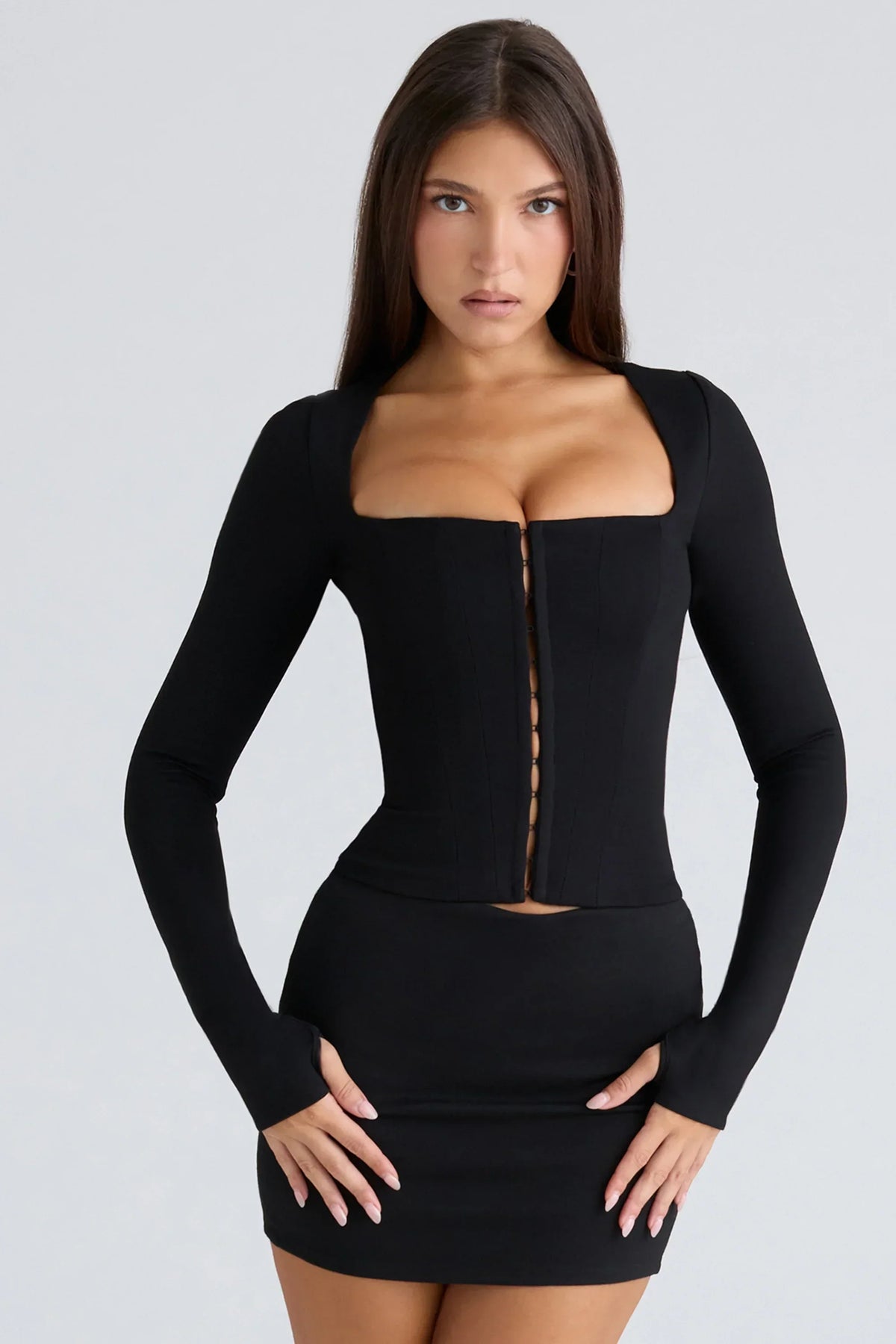 The Long Sleeve Balconette-Black Corset Top