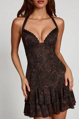 Embellished Halterneck A-line Mini Dress in Snake Hotfix