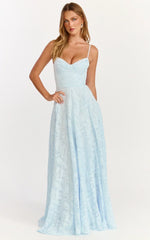 Rachel Maxi Dress - Sweetheart Neckline Jacquard Front Split Dress in Ice Blue
