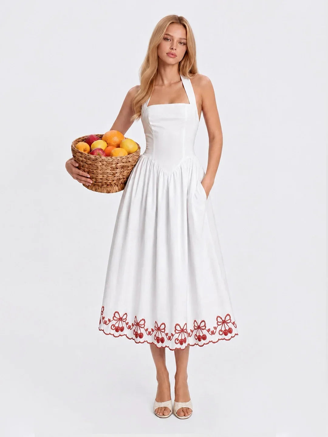 Cherry Embroidered Halter Midi Dress