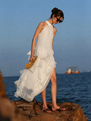 High-Low Ruffle Halter Chiffon Maxi Dress