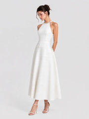 White Pearl Embellished Halter A-Line Midi Dress