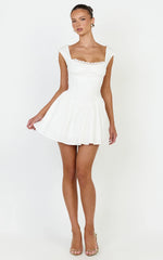 Clementine Mini Dress - Cap Sleeve Lace Trim Fit And Flare Mini Dress in Off White