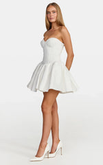 Elsie Mini Dress - Strapless Sweetheart Neckline Lace Dress With Corset Bodice And Lace Up Back in White