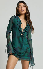 Alesya Mini Dress Ruffle Plunge Neck Long Sleeve Tie Detail Dress in Moss Adeana