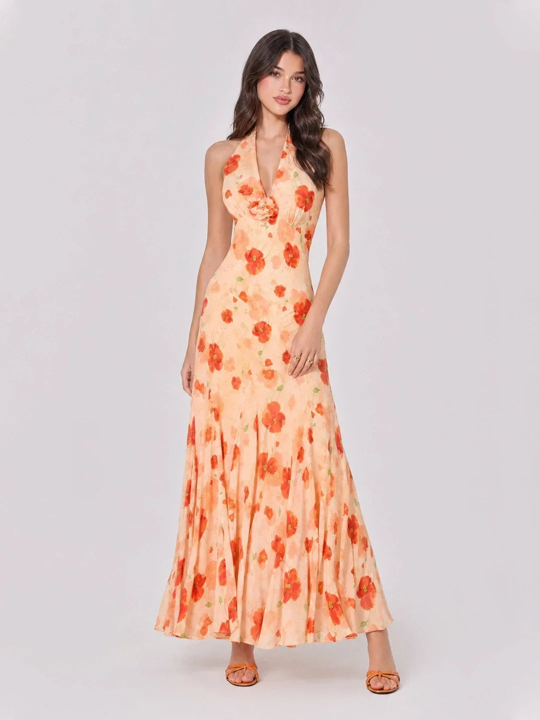 3D Flower Ruched Halterneck Maxi Dress