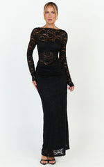 Skye Maxi Dress - Lace Long Sleeve Draped Waist Dress in Black