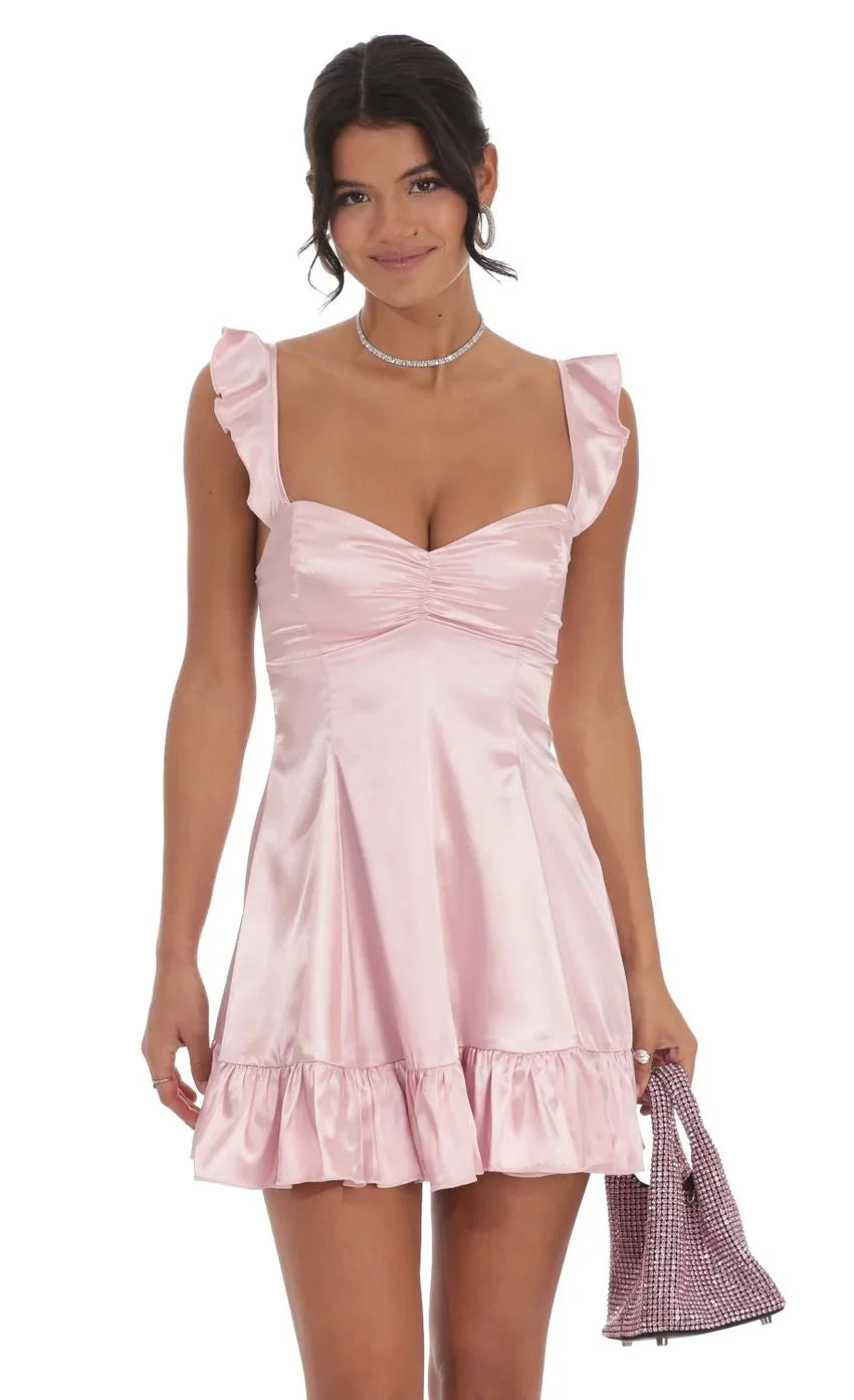 Satin Ruffle Fit and Flare Dress in Pink