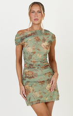 Jem Mini Dress - Asymmetrical Neckline Cap Sleeve Dress in Multi