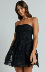 Marzy Mini Dress Strapless Floral Detail Lace Fit and Flare Dress in Black