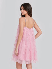 Crystal Strap 3D Floral Tulle Mini Dress