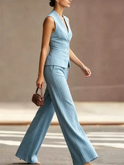 Women's Pinstripe Vest & Wide-Leg Trouser Set | Tailored Two-Piece Set