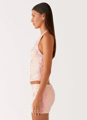 Been That Girl Halter Knit Sequin Top - Iridescent Pink