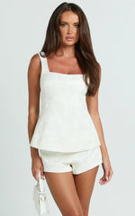 Jacobs Two Piece Set - Square Neck Bow Top and High Waist Mini Short Set in White