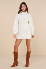 Casual Coziness Ivory Waffle Knit Cowl Neck Sweater Dress