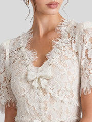 V-Neck Short Sleeves Bowknot Lace Midi Dress