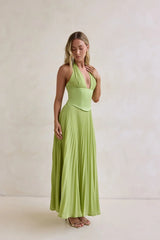 Paradise Falls Plisse Halter Maxi Dress Lime Green