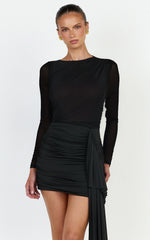 Jasmine Mini Dress - Long Sleeve Draped Skirt Overlay Dress in Black