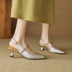 Women's Pearl Strap Slingback Kitten Heels | Pointed Toe Dress Pumps
