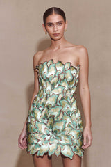 Juniper Hand Embroidered Floral Mini Dress - Gold/Teal