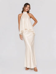 Halterneck Layered Ruffle Stain Maxi Dress