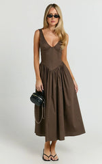 Beckett Midi Dress Scoop Neck Drop V Waist Gathered Skirt Dress in Dark Chocolate