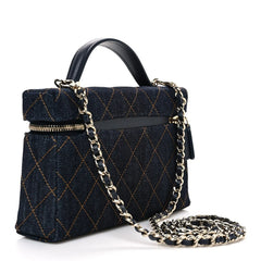 Denim Quilted Top Handle Slim Vanity Case With Chain Dark Blue Orange