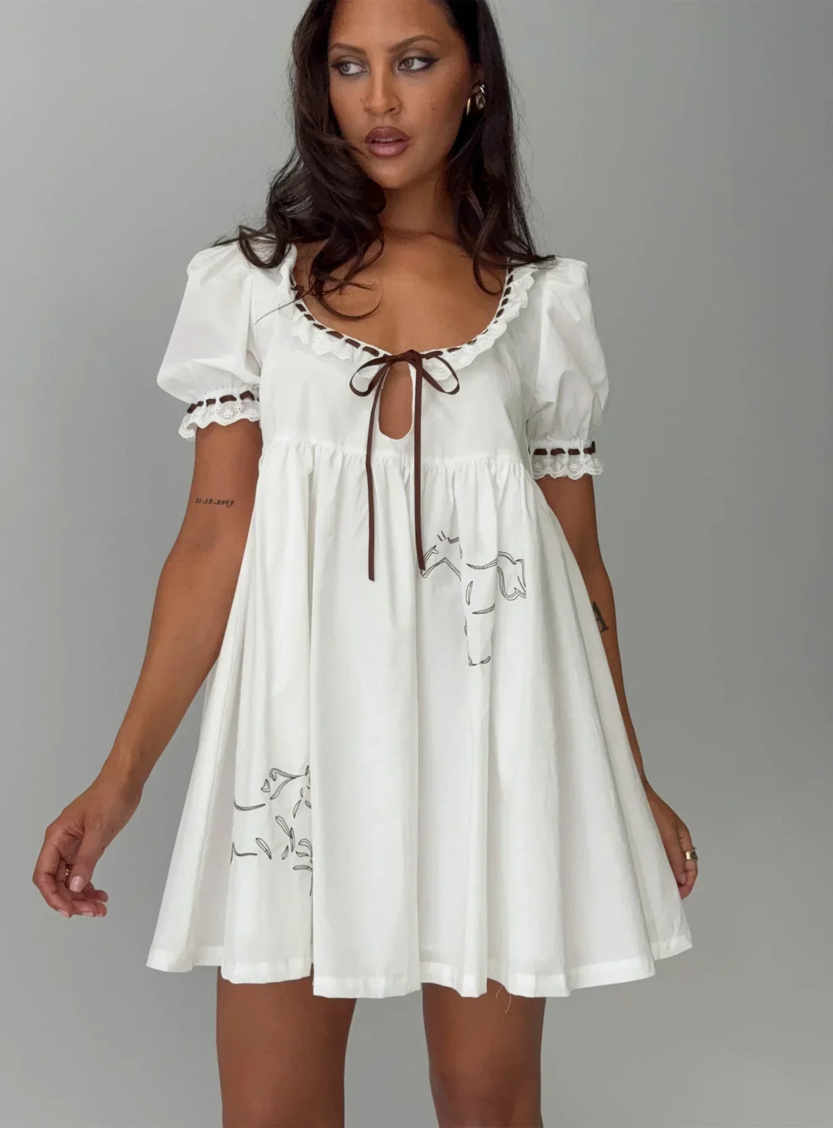 Cloudy Babydoll Contrast Trim Mini Dress White