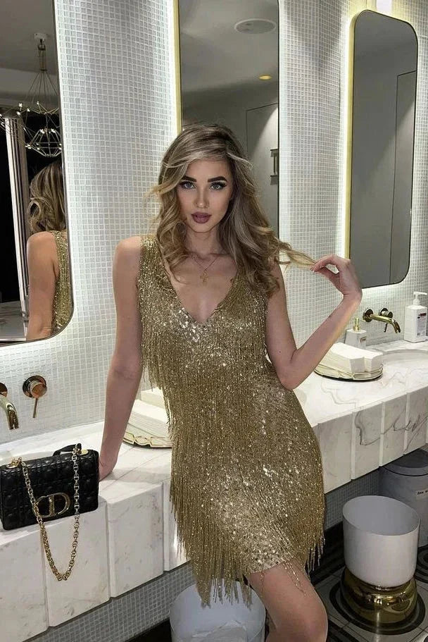Women's Sequin Tassel Mini Dress | Glamorous Sleeveless Party Dress