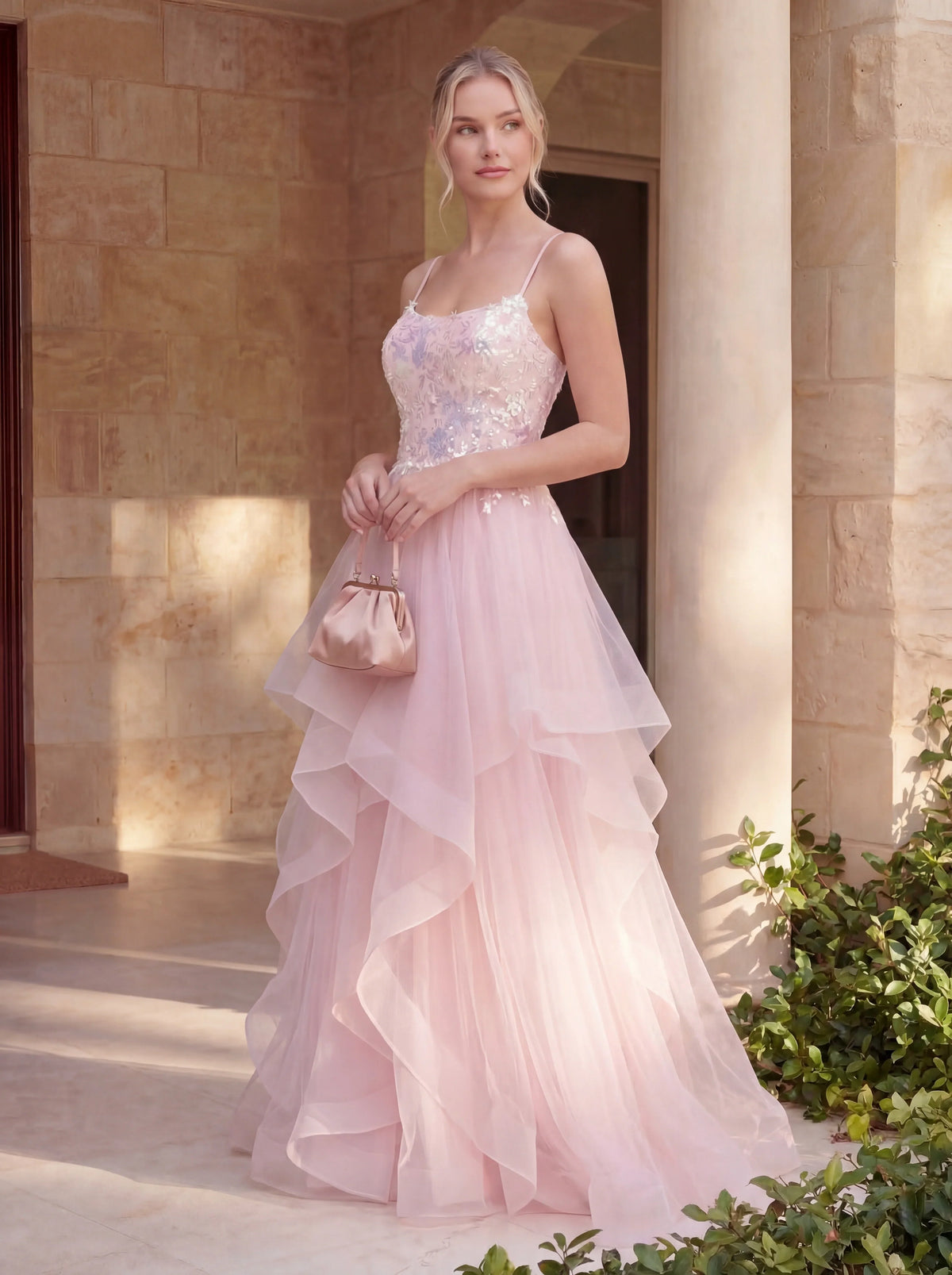 Enchanting Hand-Beaded Gown with Layered Tulle Skirt