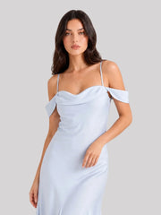 Off Shoulder Satin Bias-cut Midi Dress