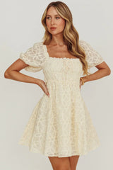 Dandelions Puff Sleeves A-Line Mini Dress Cream