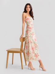 Strapless Floral Mesh Ruched Maxi Dress