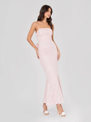 Oversized Bow Back Strapless Jacquard Maxi Dress