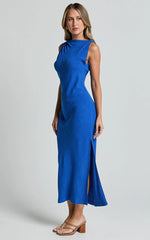 Jessenia Midi Dress - Linen High Neck Dress in Cobalt