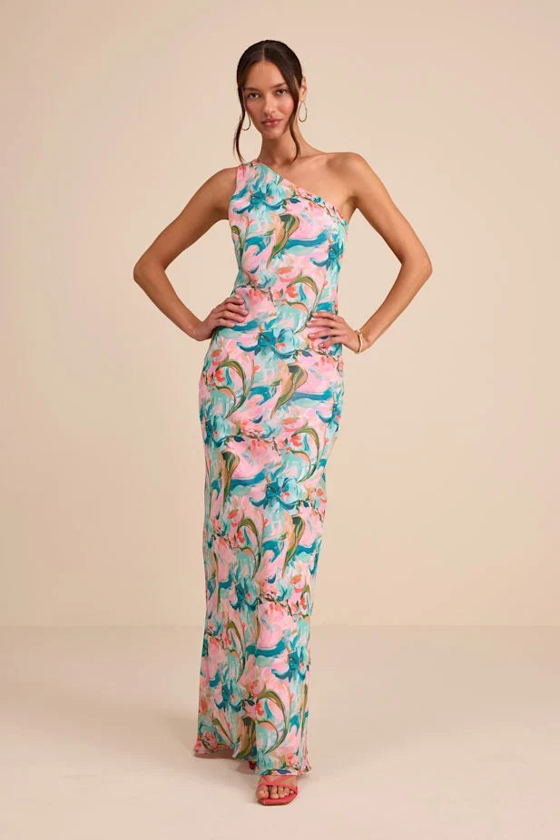 Mikesha Pink Multi Abstract One-Shoulder Sash Maxi Dress