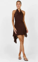 Marlowe Mini Dress - High Cowl Neck Asymmetric Skirt Dress in Chocolate