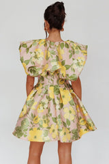 Bennet Puffed Neckline Mini Dress Floral Pink/Yellow